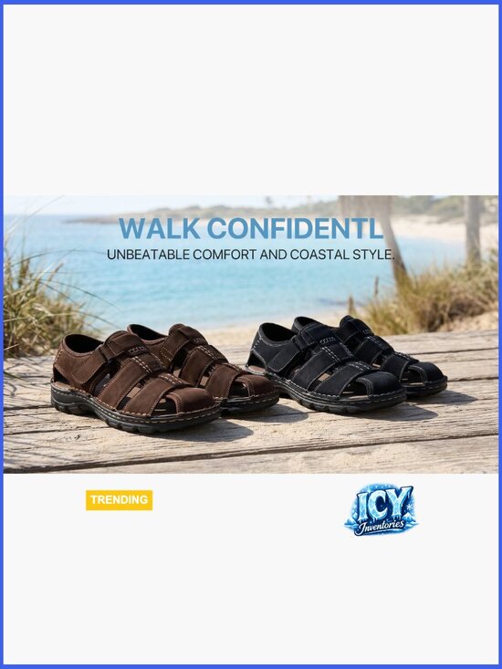 Genuine Leather Fisherman Sandals with Arch Support Hook & Loop Closure